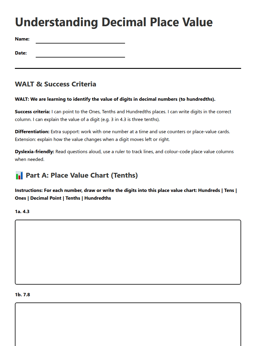 Understanding Decimal Place Value worksheet preview