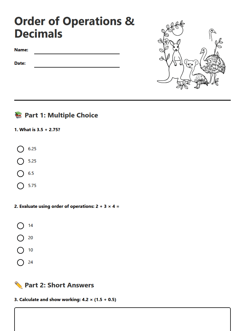 Order of Operations & Decimals worksheet preview