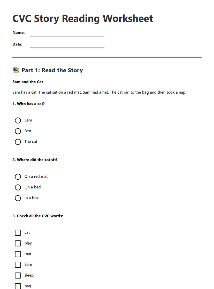 CVC Story Reading Worksheet