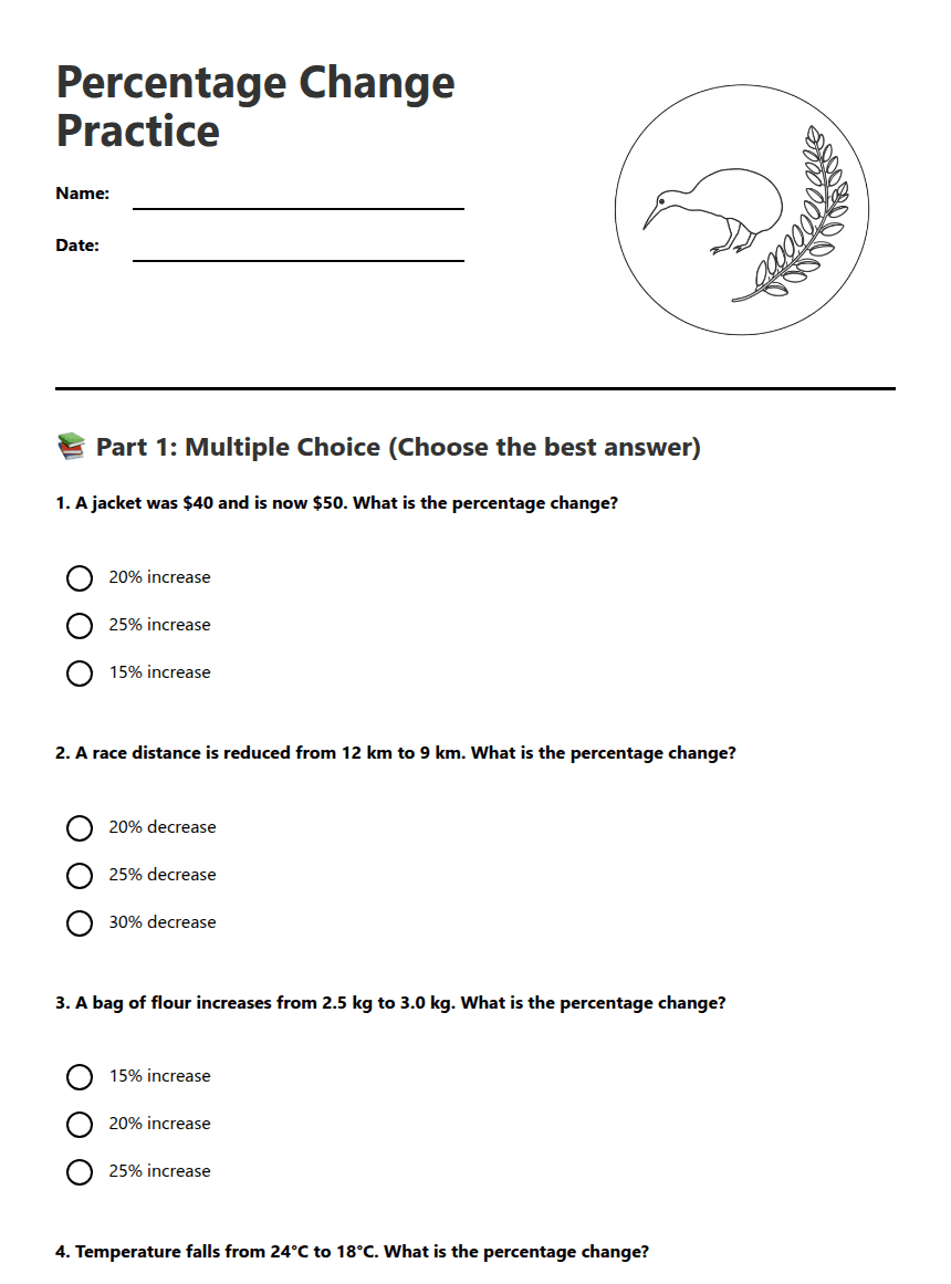 Percentage Change Practice worksheet preview