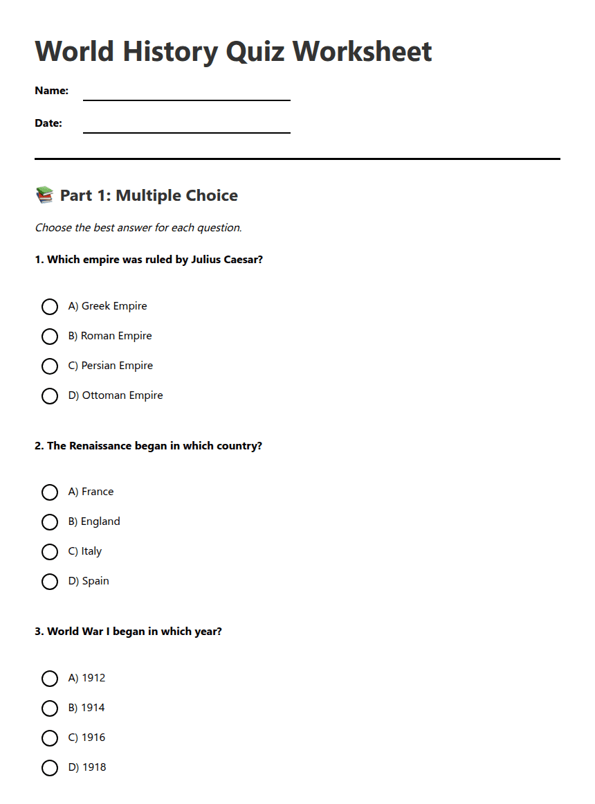 World History Quiz Worksheet worksheet preview
