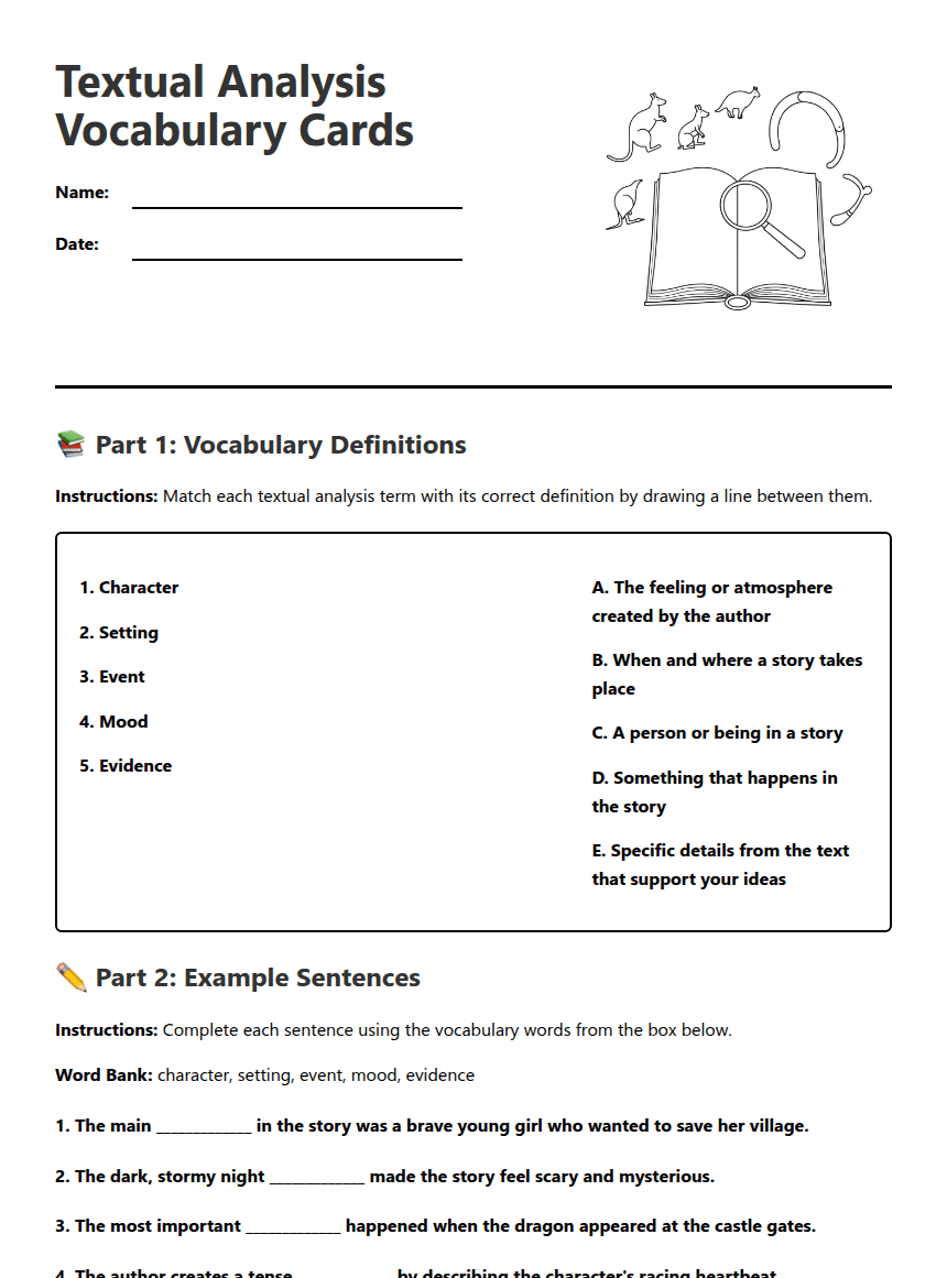 Textual Analysis Vocabulary Cards worksheet preview