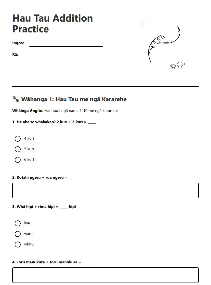 Hau Tau Addition Practice worksheet preview