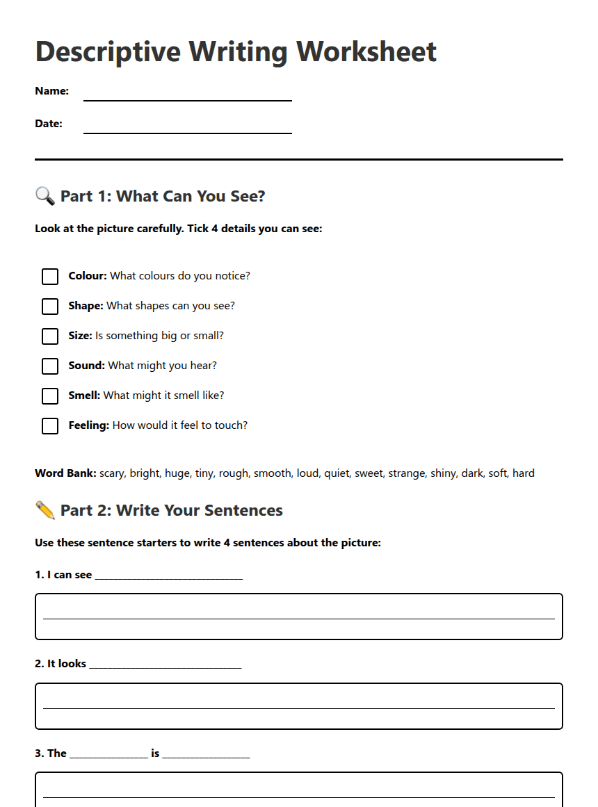 Descriptive Writing Worksheet worksheet preview