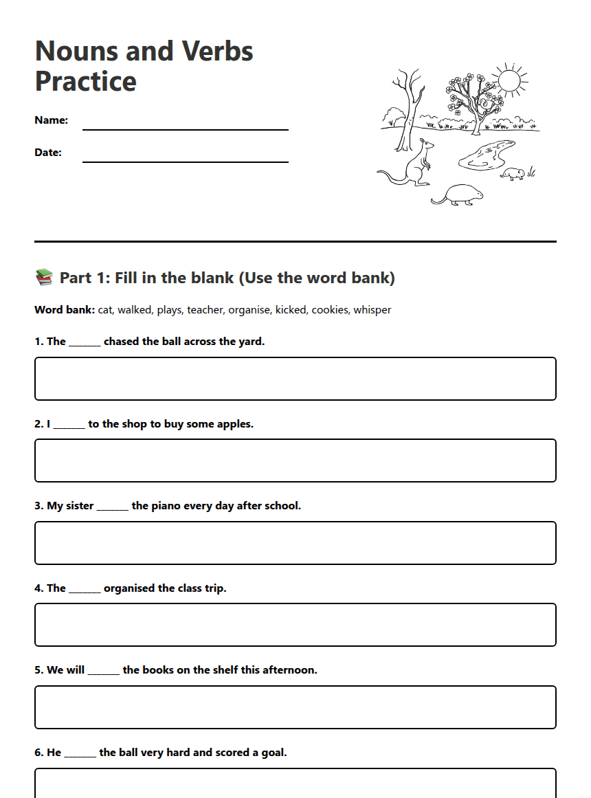 Nouns and Verbs Practice worksheet preview