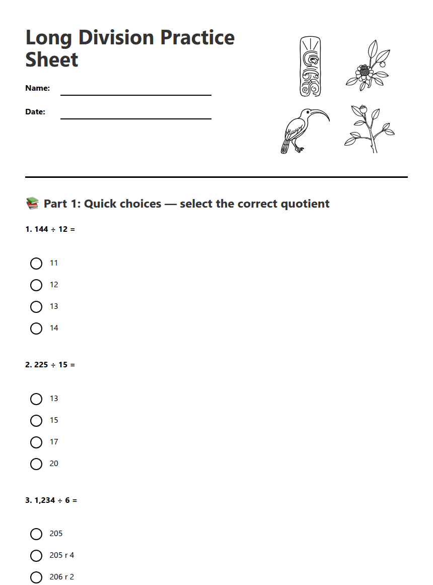Long Division Practice Sheet worksheet preview