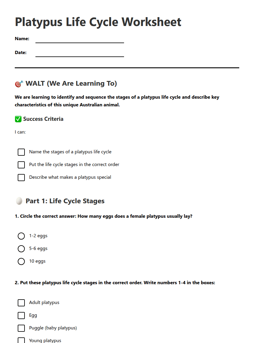 Platypus Life Cycle Worksheet worksheet preview