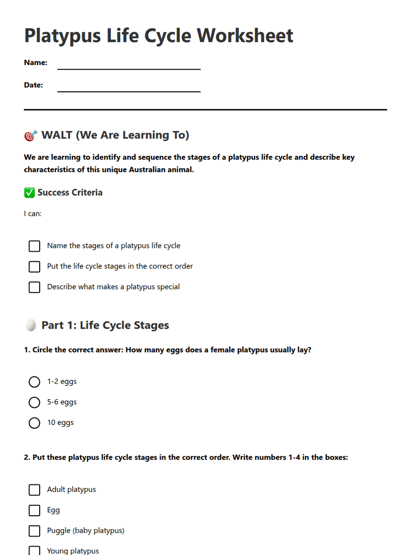 Platypus Life Cycle Worksheet