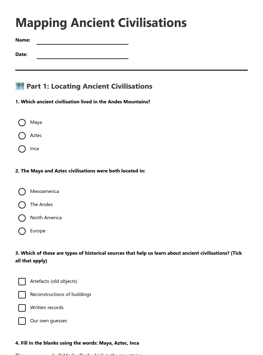 Mapping Ancient Civilisations worksheet preview