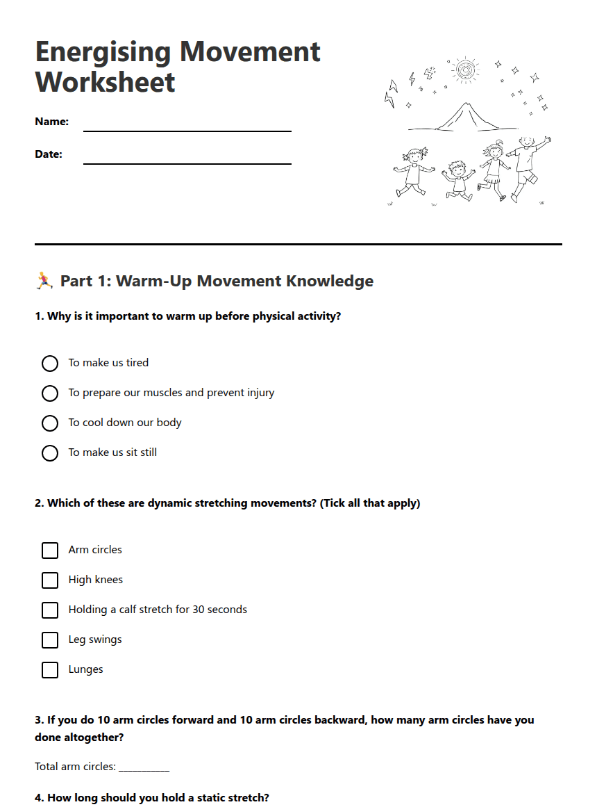 Energising Movement Worksheet worksheet preview