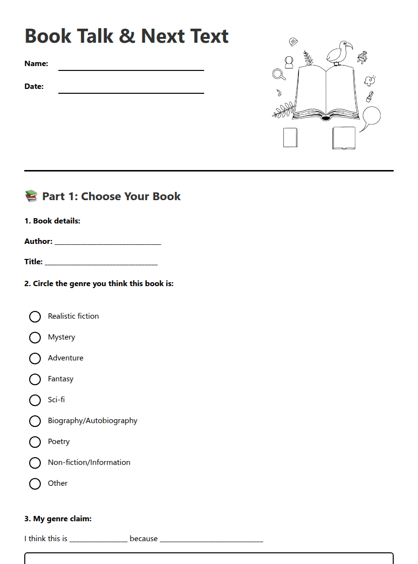 Book Talk Worksheet worksheet preview