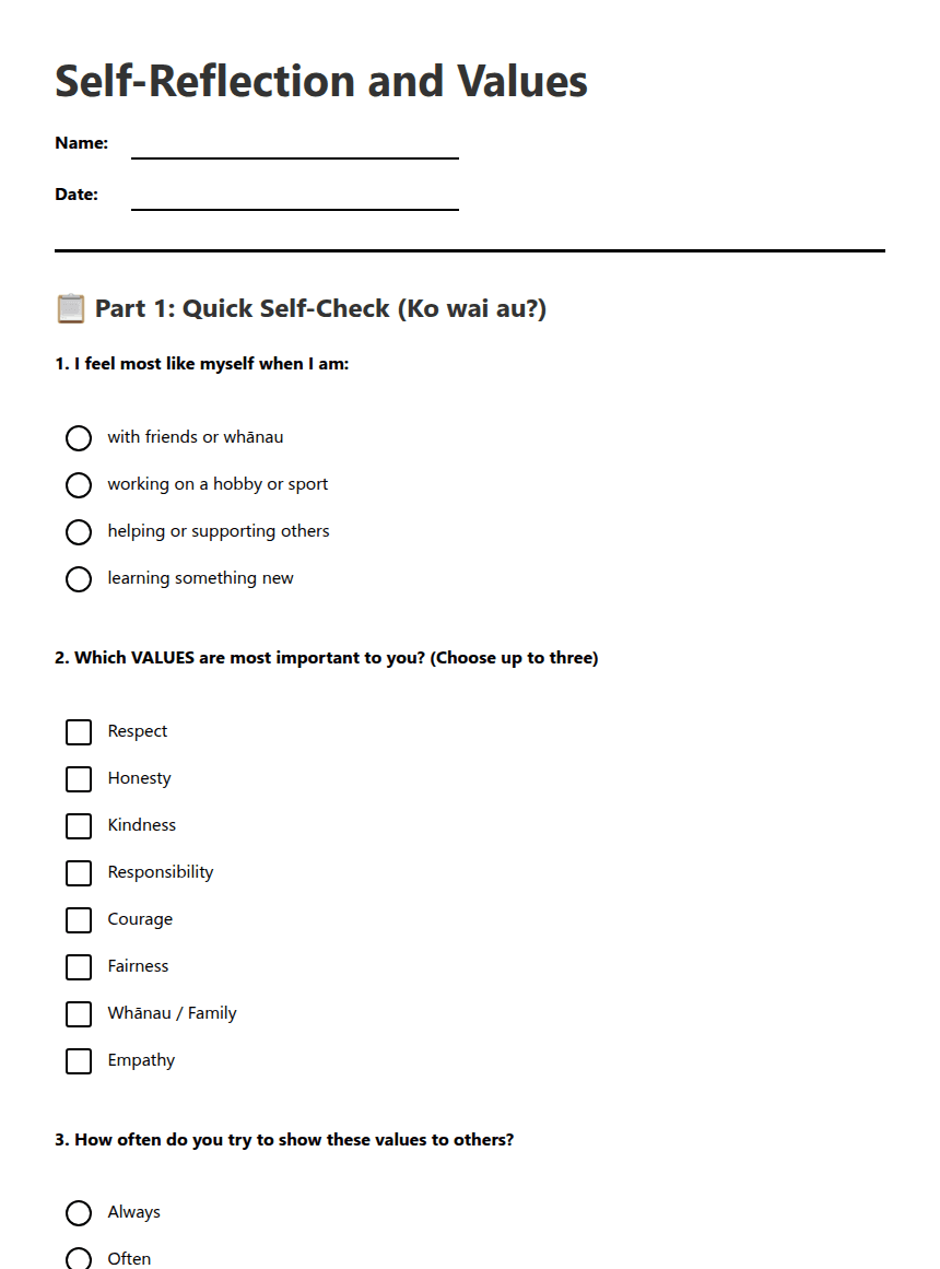 Self-Reflection and Values worksheet preview