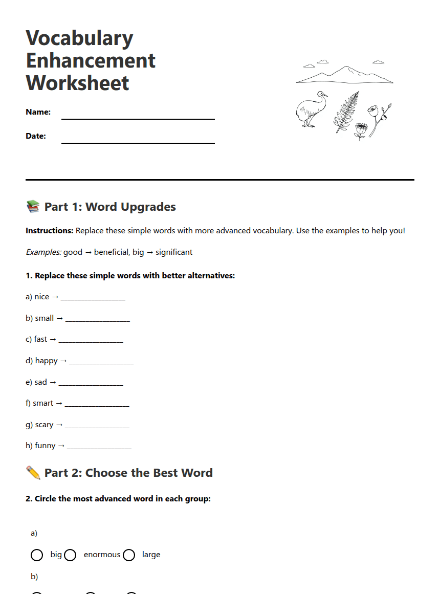 Vocabulary Enhancement Worksheet worksheet preview