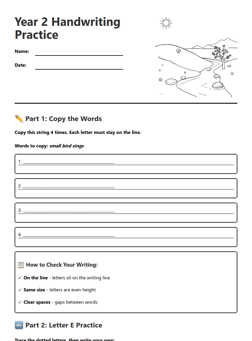Year 2 Handwriting Practice worksheet preview