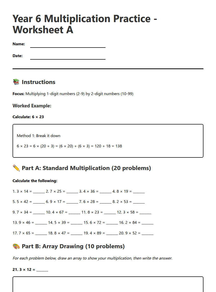 Year 6 Multiplication Practice worksheet preview