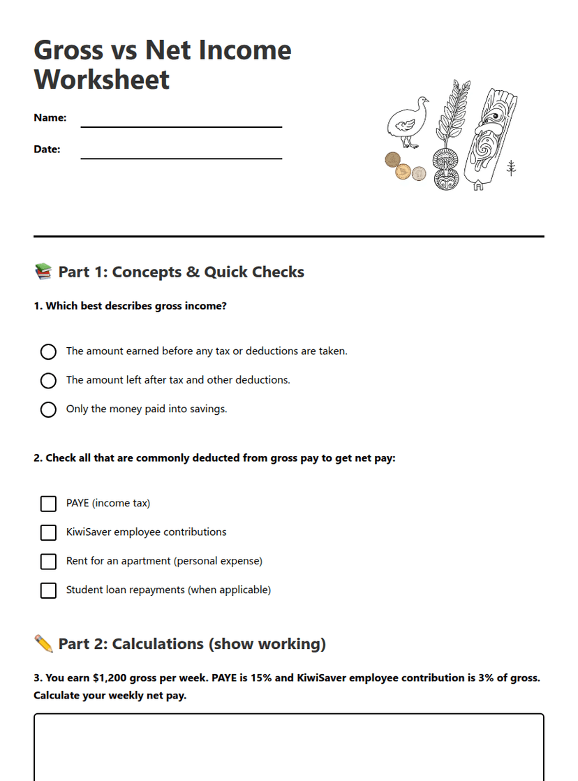 Gross vs Net Income Worksheet