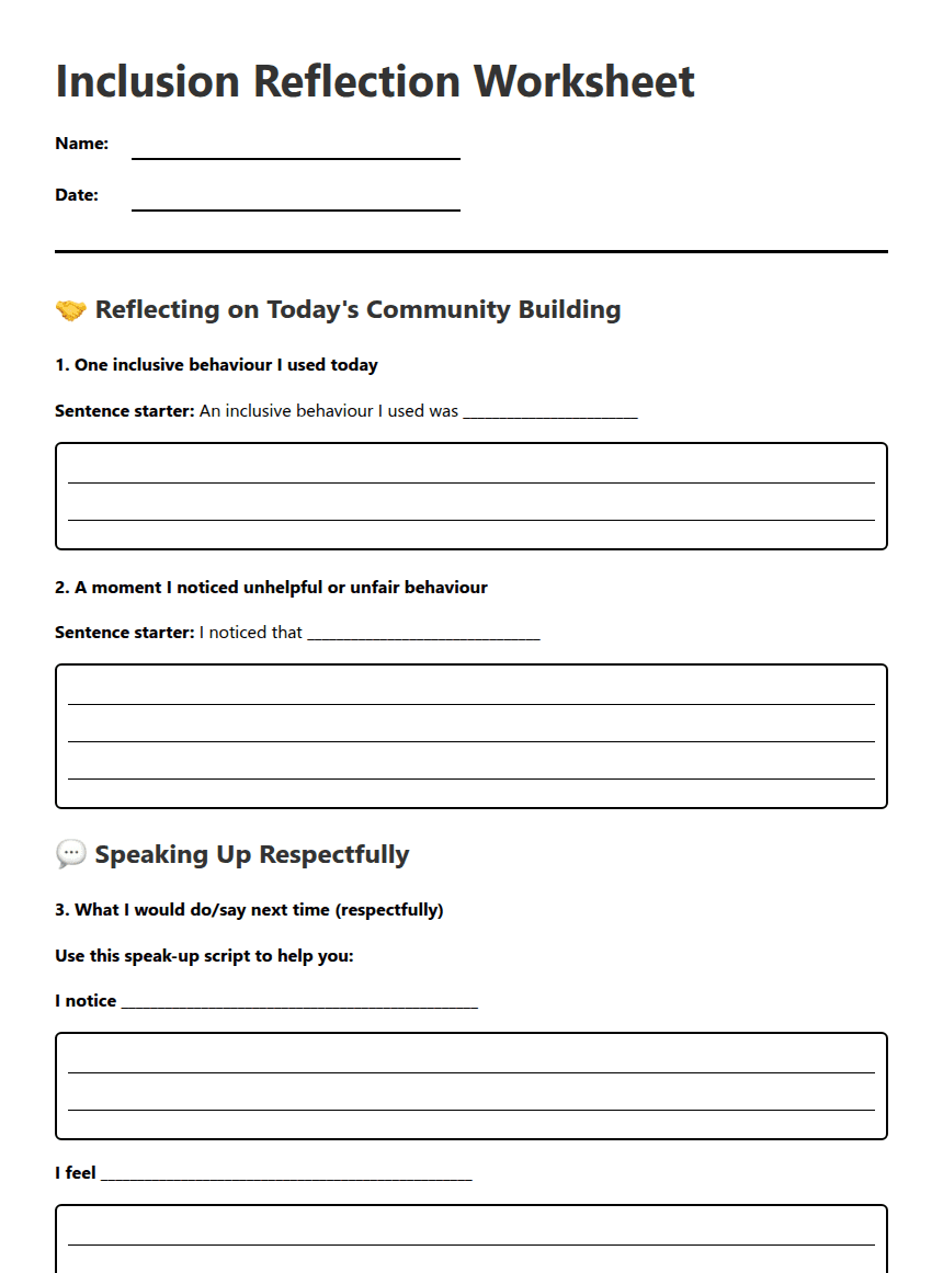 Inclusion Reflection Worksheet worksheet preview