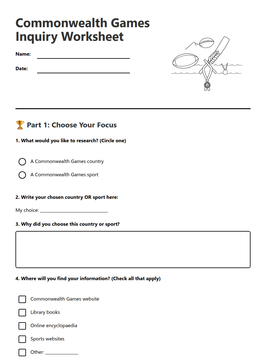 Commonwealth Games Inquiry Worksheet worksheet preview