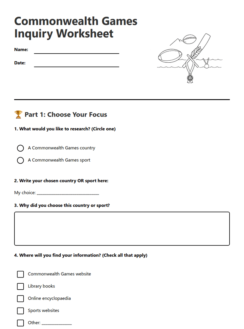 Commonwealth Games Inquiry Worksheet