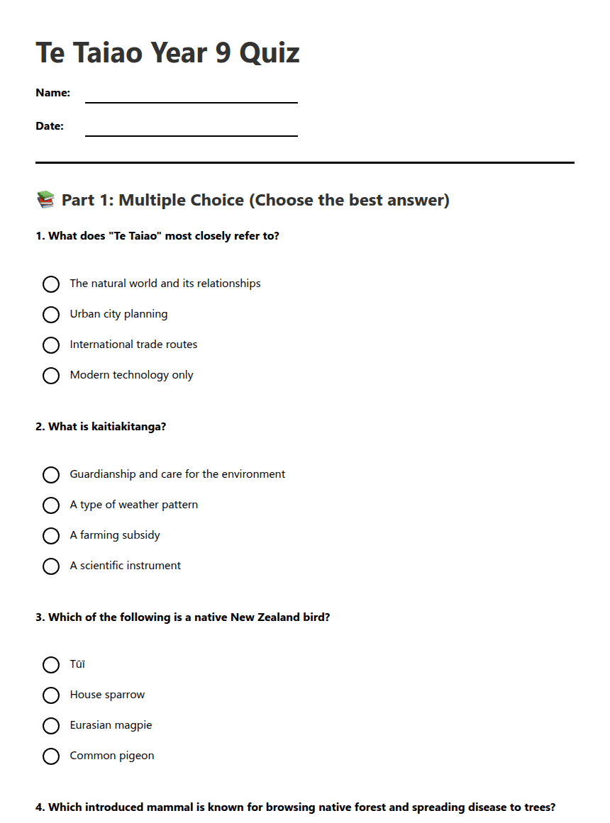 Te Taiao Year 9 Quiz worksheet preview