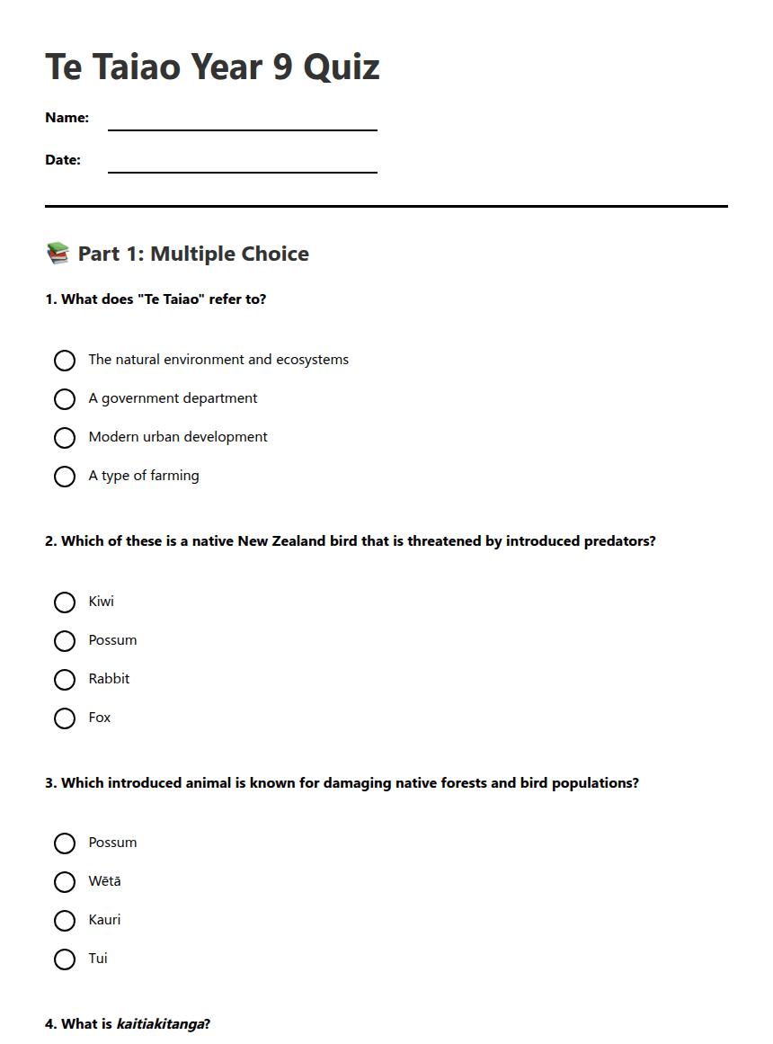 Te Taiao Year 9 Quiz worksheet preview