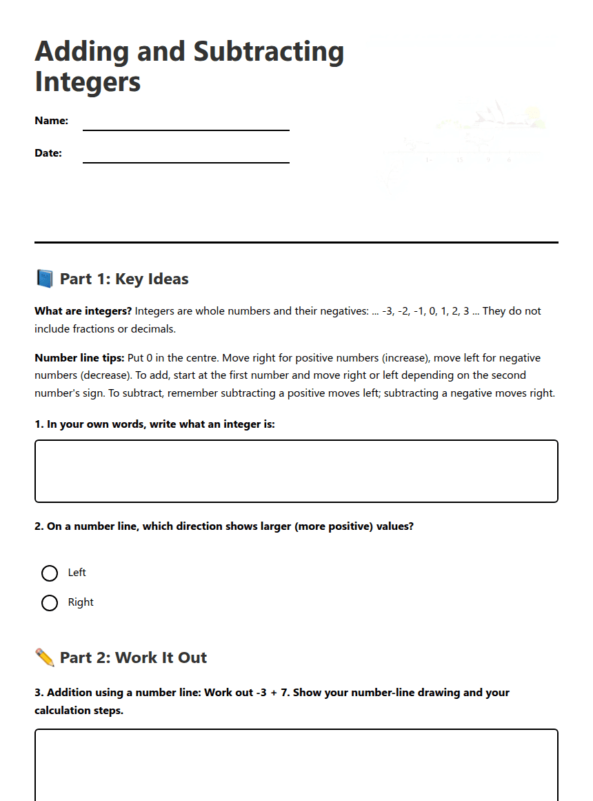 Adding and Subtracting Integers worksheet preview