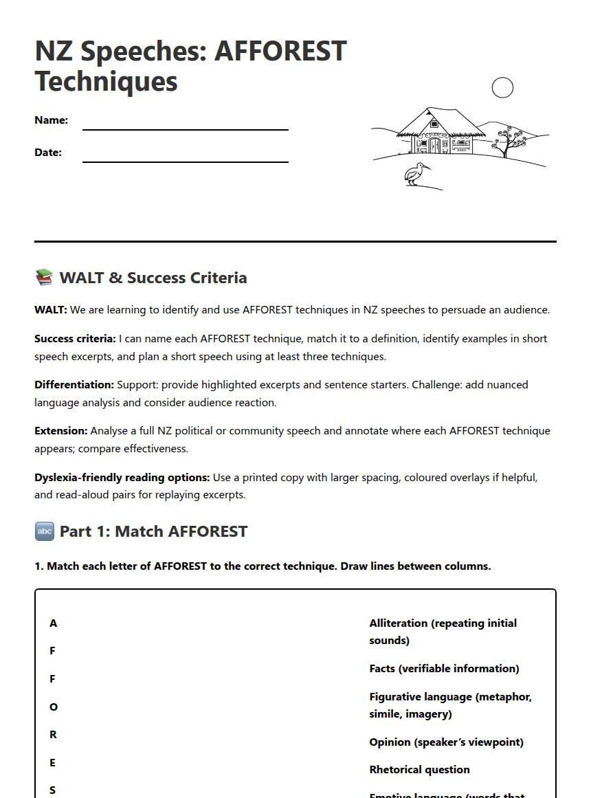 NZ Speeches: AFFOREST Techniques worksheet preview