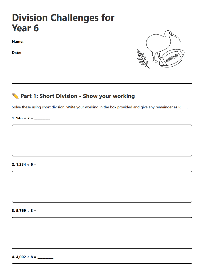 Division Challenges for Year 6 worksheet preview