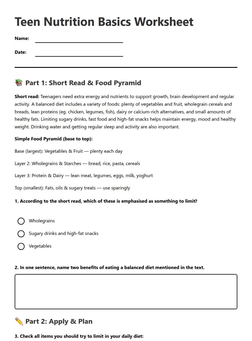 Teen Nutrition Basics Worksheet worksheet preview