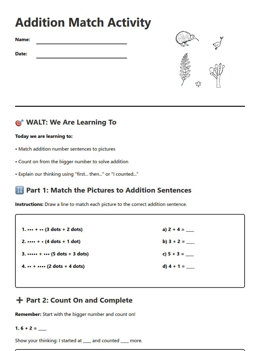 Addition Match Activity