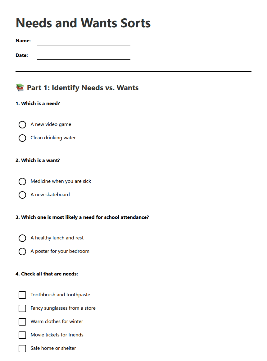 Needs and Wants Sorts worksheet preview