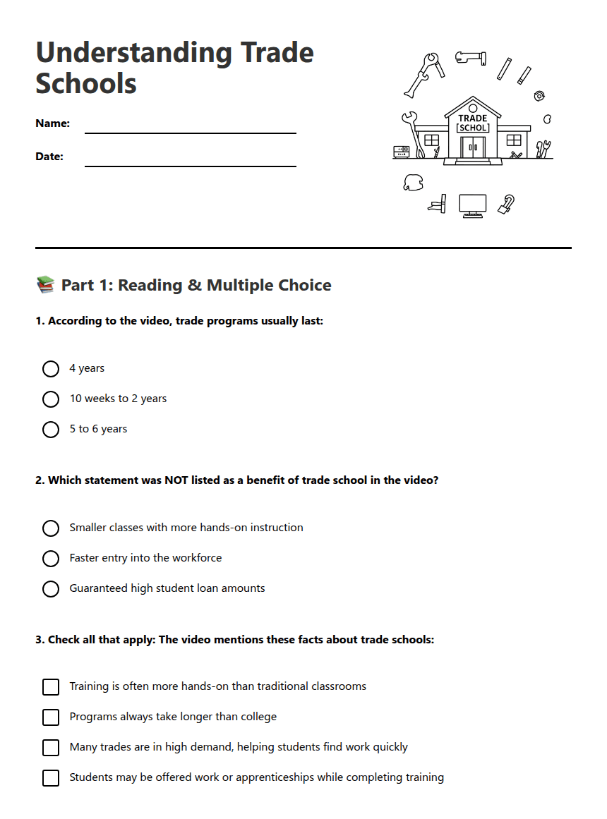Understanding Trade Schools worksheet preview