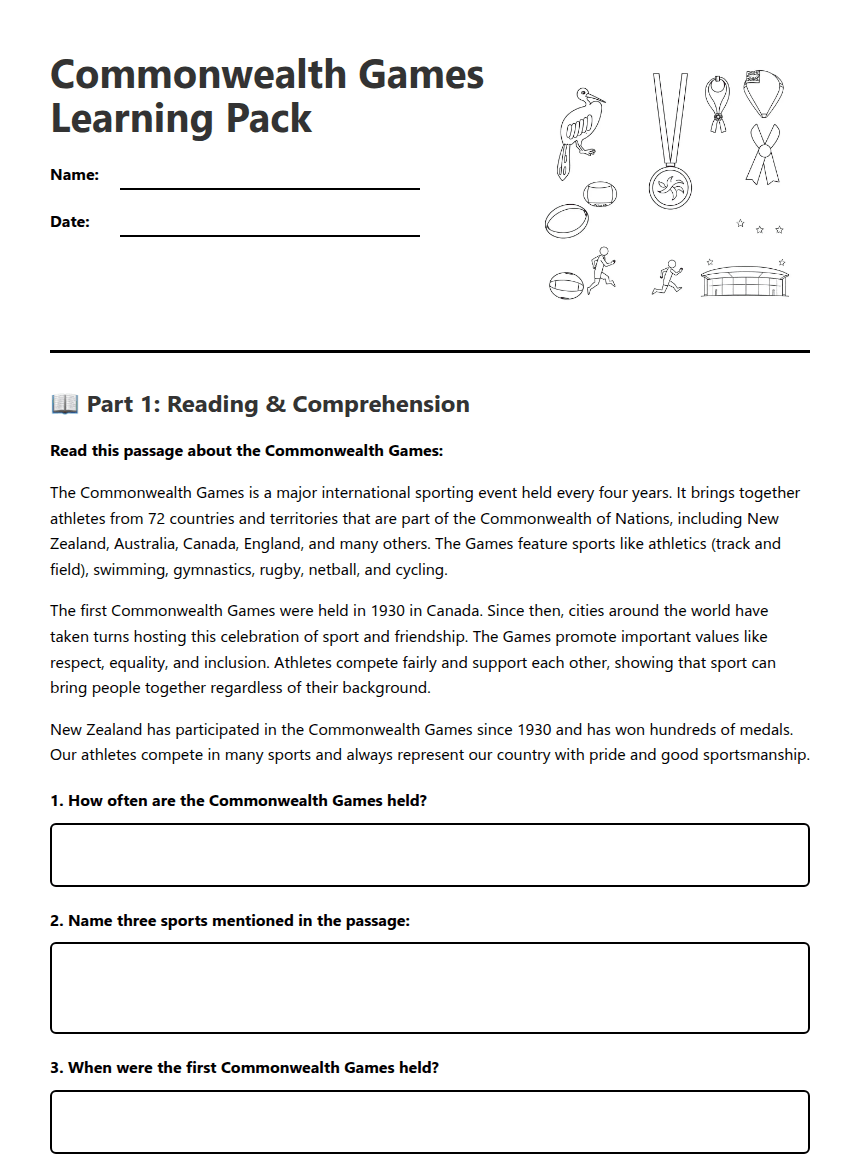 Commonwealth Games Learning Pack worksheet preview