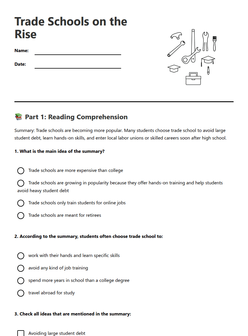 Trade Schools on the Rise worksheet preview
