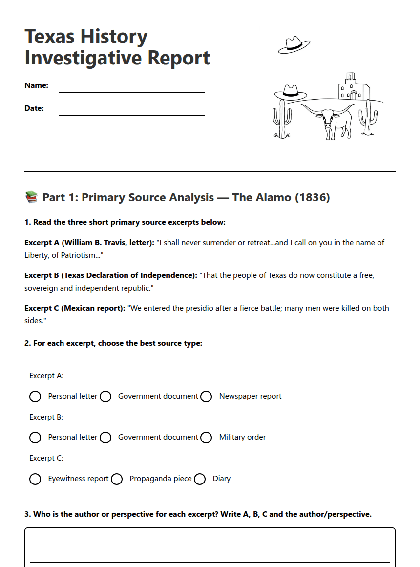Texas History Investigative Report worksheet preview