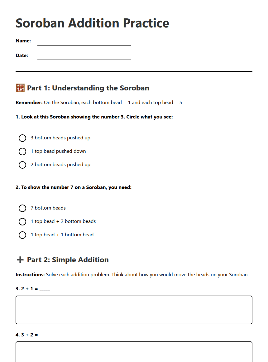 Soroban Addition Practice worksheet preview