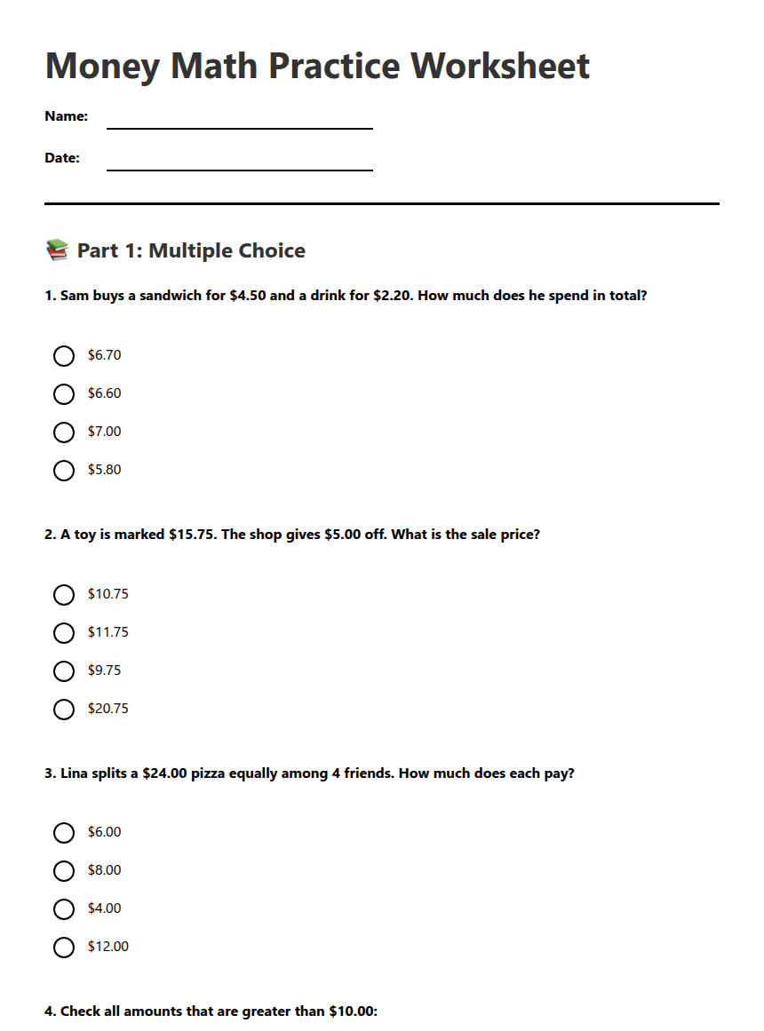 Money Math Practice Worksheet worksheet preview