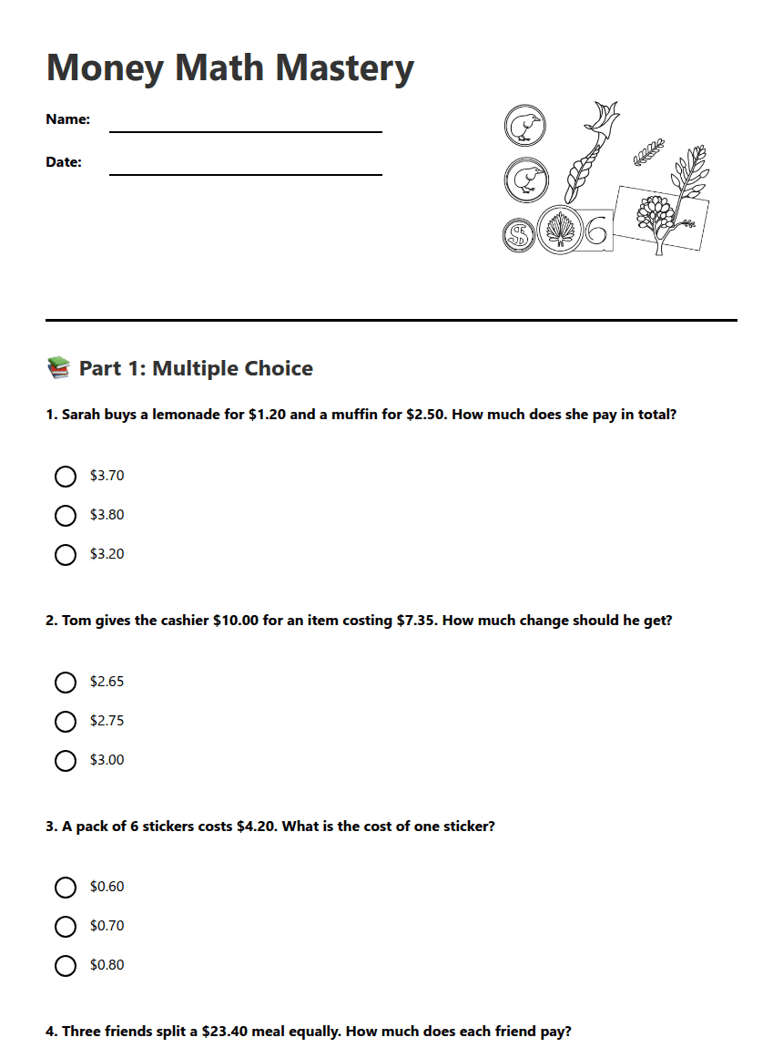 Money Math Mastery worksheet preview
