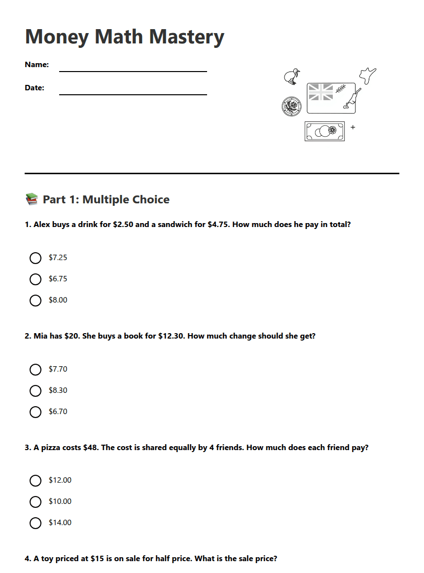 Money Math Mastery worksheet preview