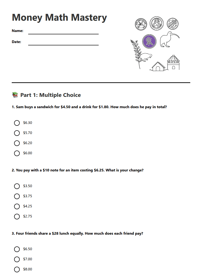 Money Math Mastery worksheet preview