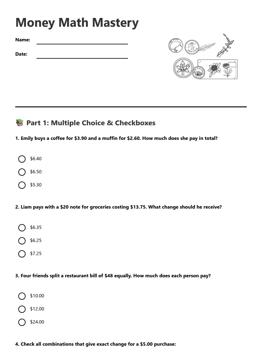 Money Math Mastery worksheet preview