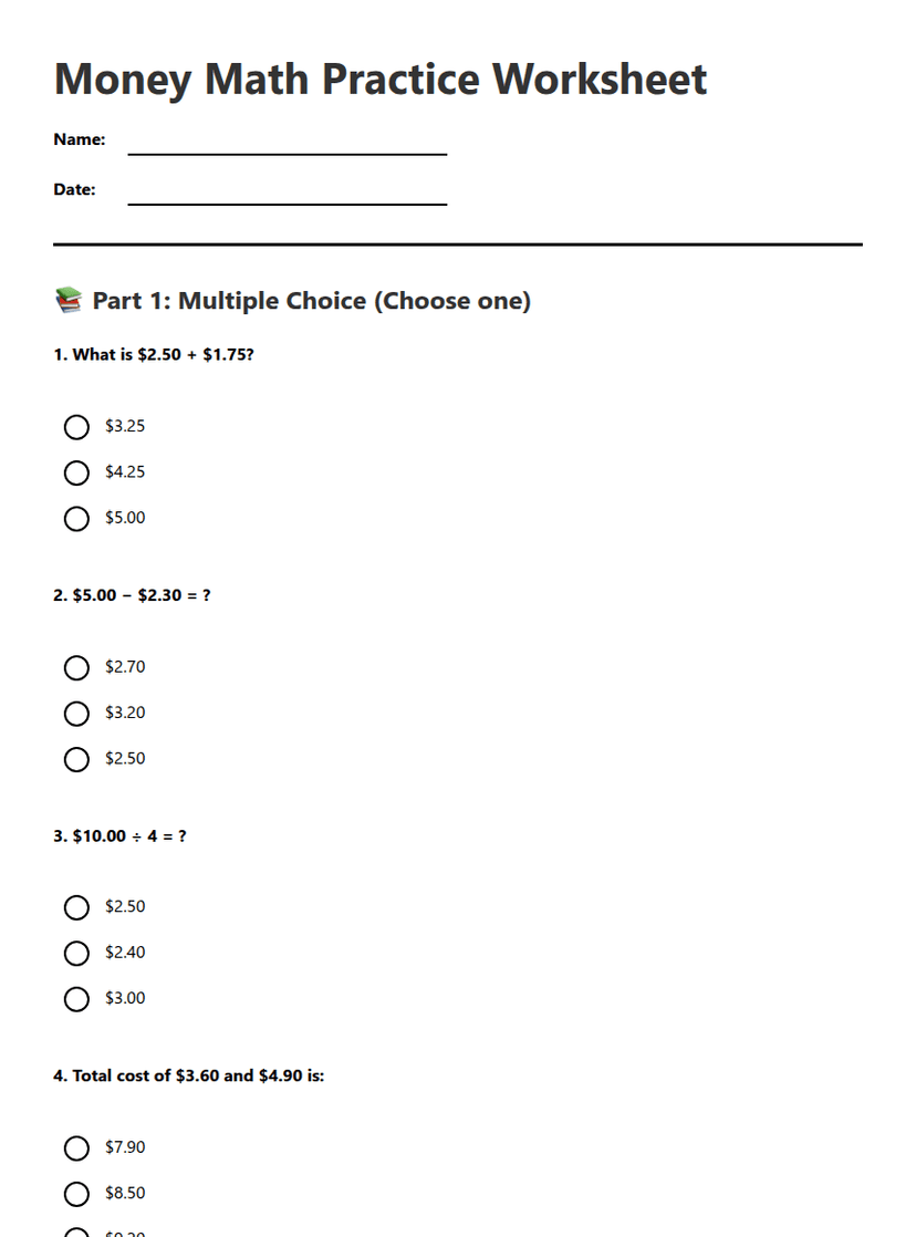 Money Math Practice Worksheet