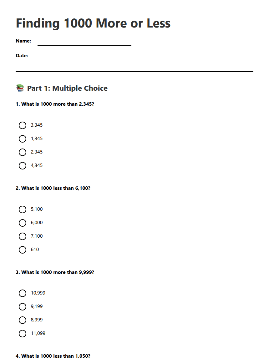 Finding 1000 More or Less worksheet preview