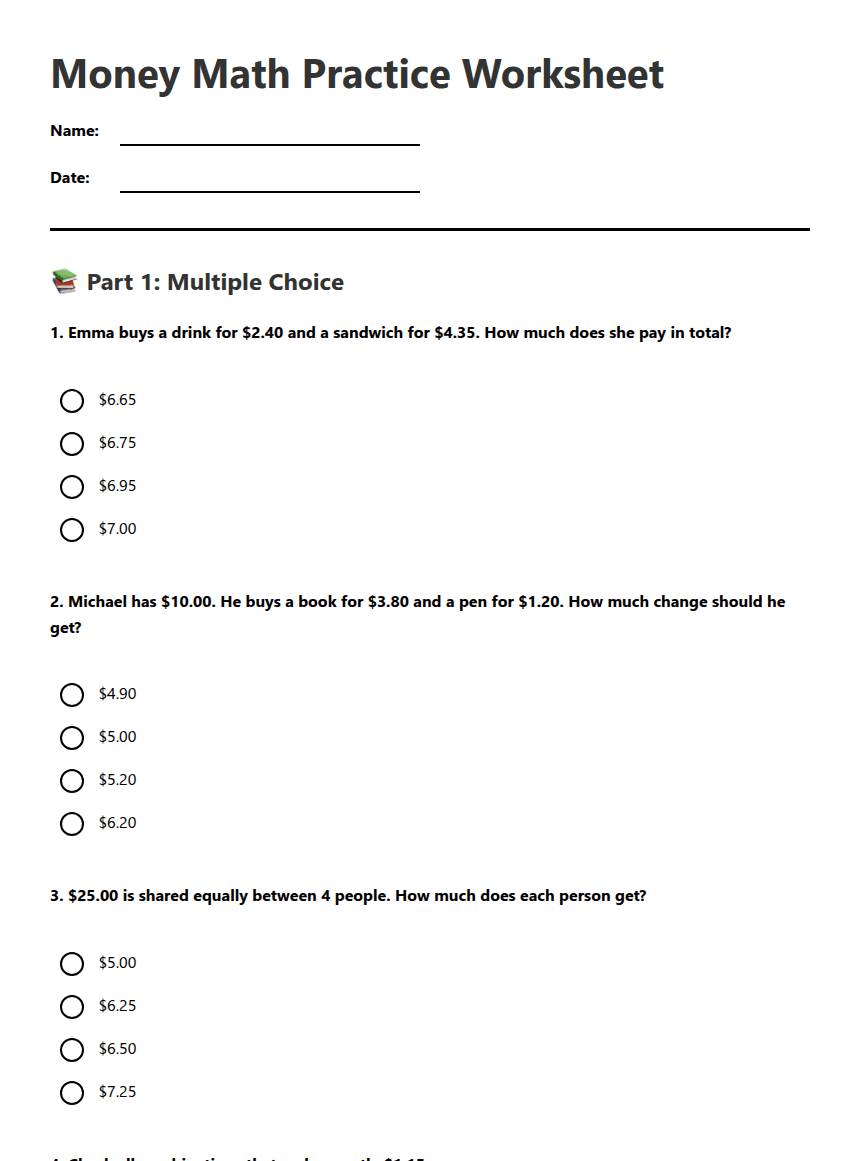 Money Math Practice Worksheet worksheet preview
