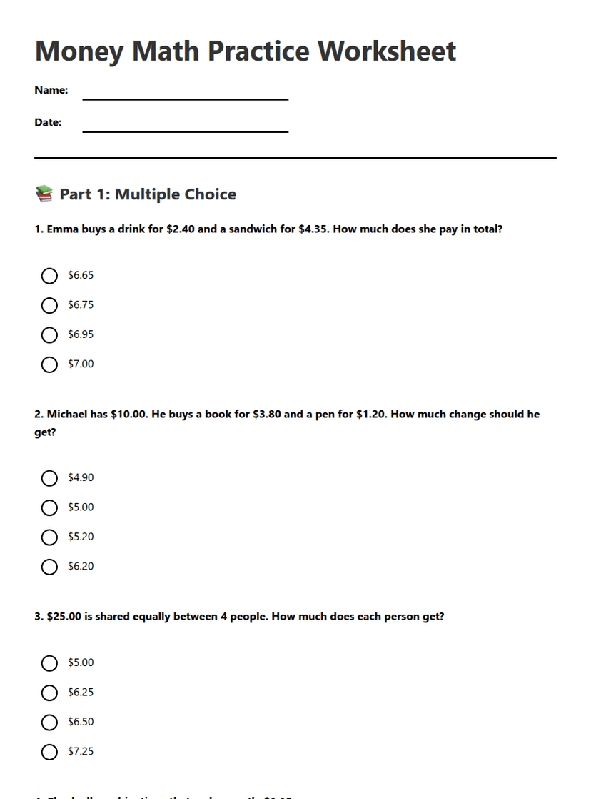 Money Math Practice Worksheet