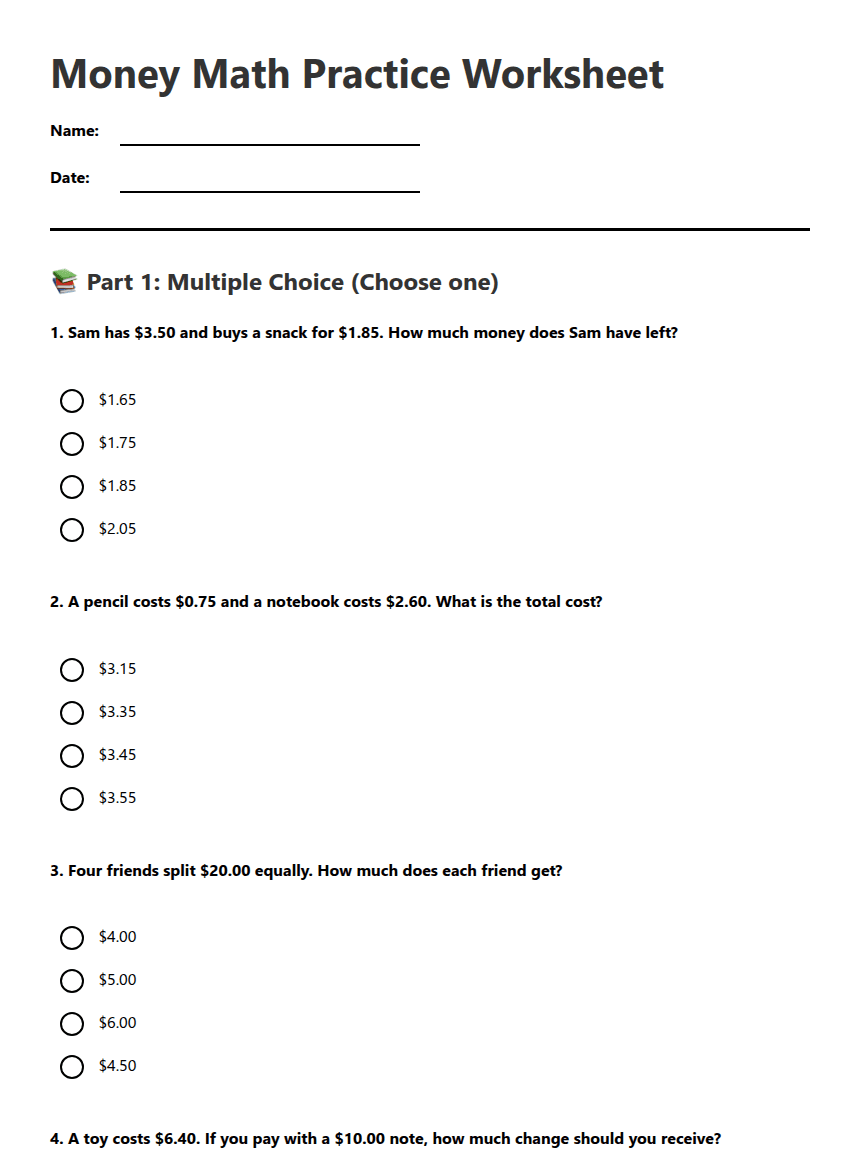 Money Math Practice Worksheet worksheet preview