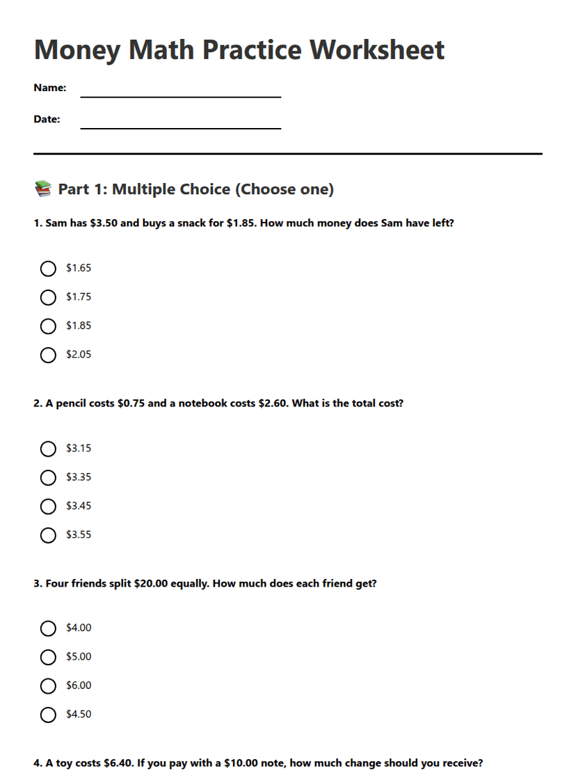 Money Math Practice Worksheet