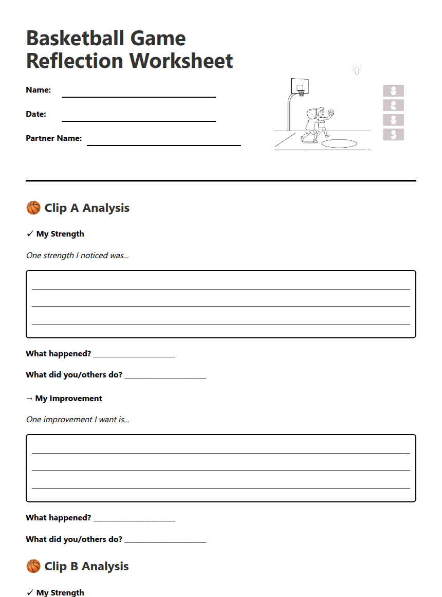 Basketball Game Reflection Worksheet worksheet preview