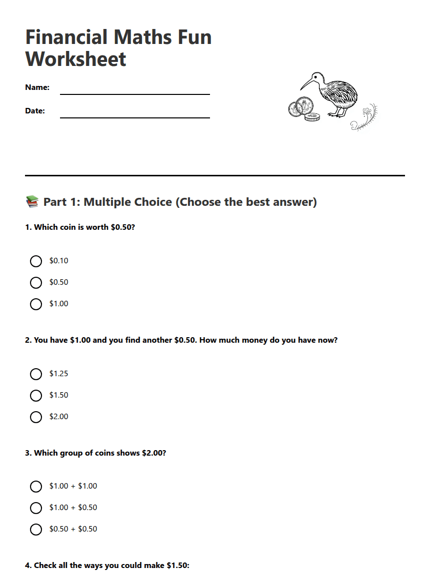 Financial Maths Fun Worksheet worksheet preview