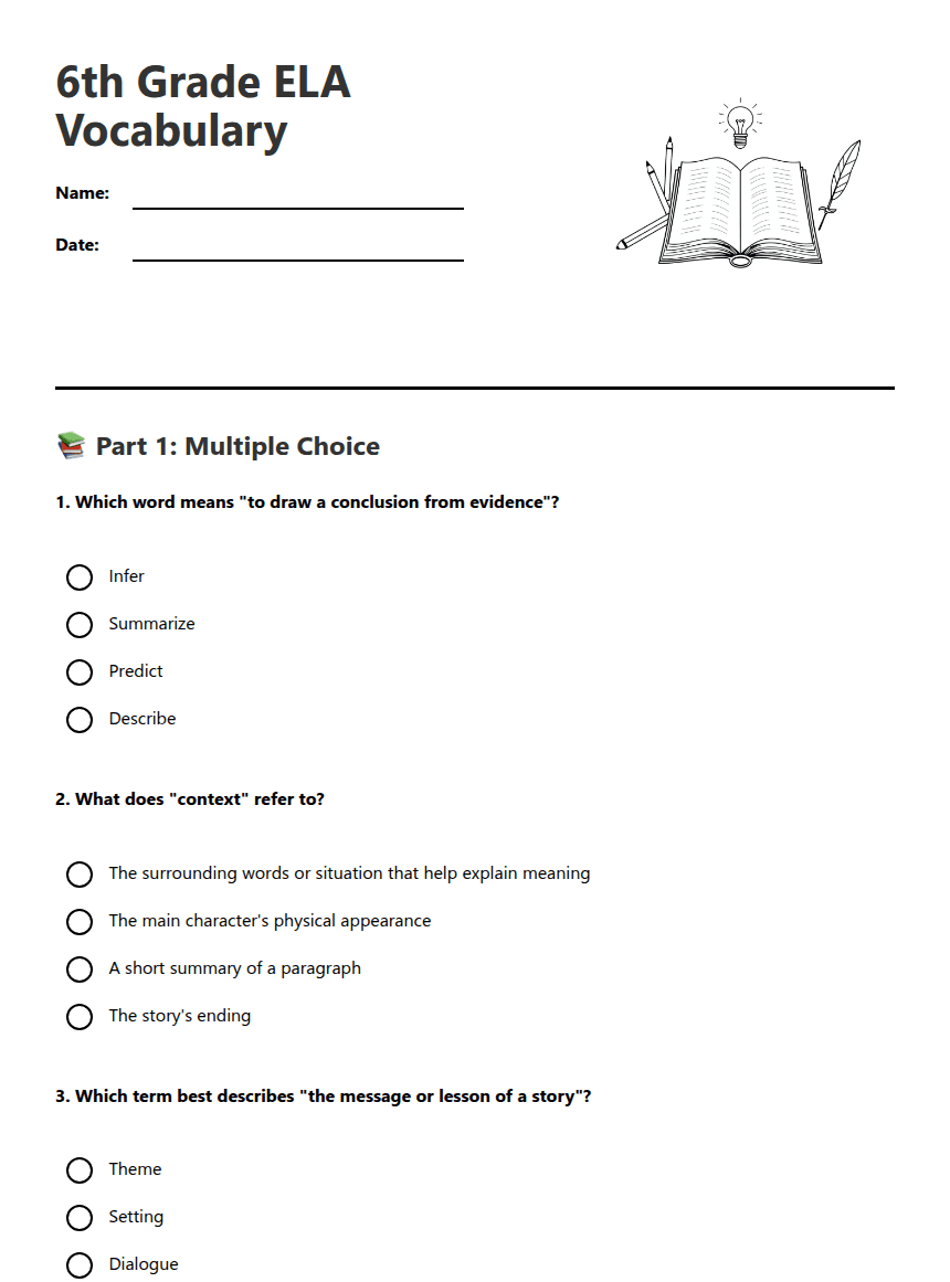 6th Grade ELA Vocabulary worksheet preview